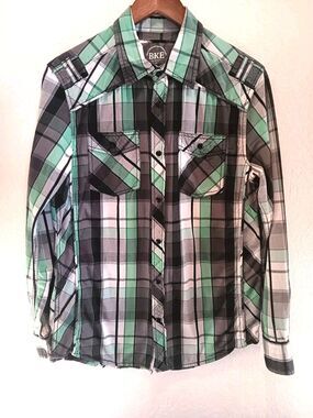 BKE Slim Fit Plaid Western Pearl Snap Shirt Green Gray White Men's Medium